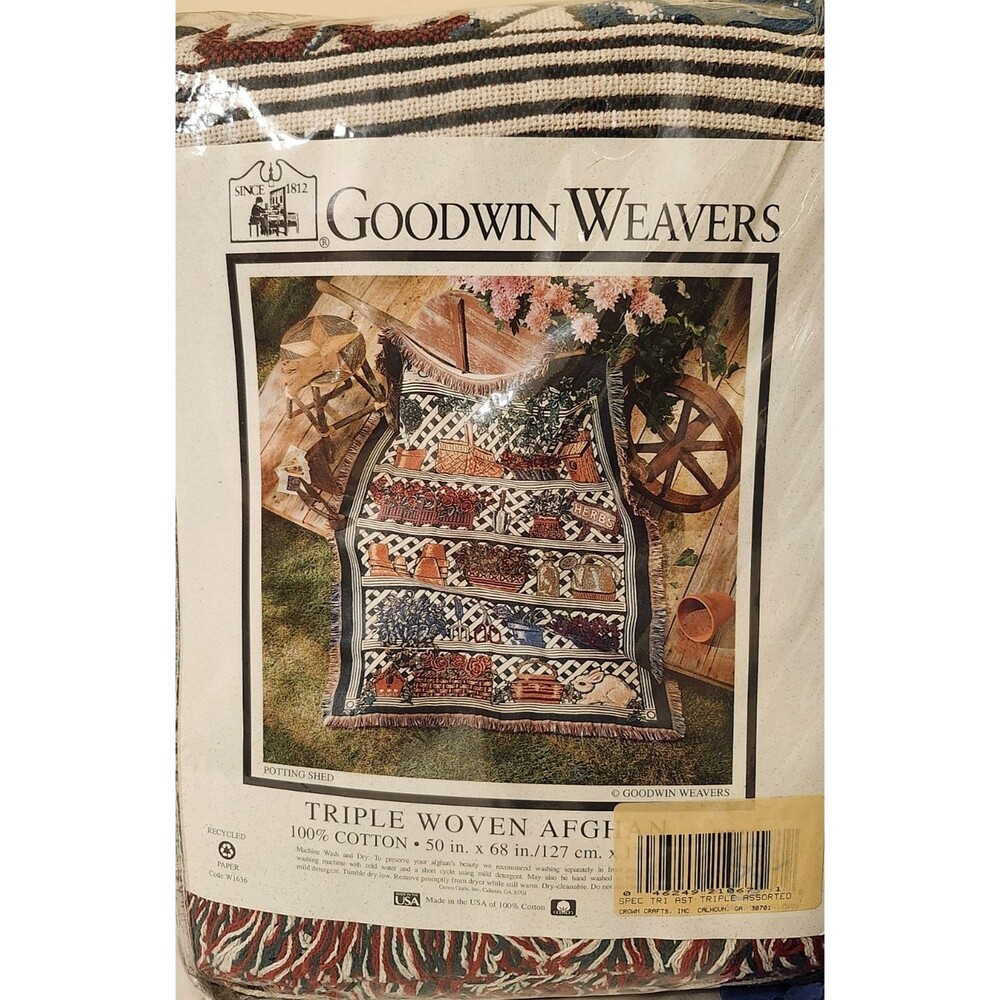 Vtg Cottage Core 1990’s Goodwin Weavers Triple Woven Afghan Potting Shed 50 x 68